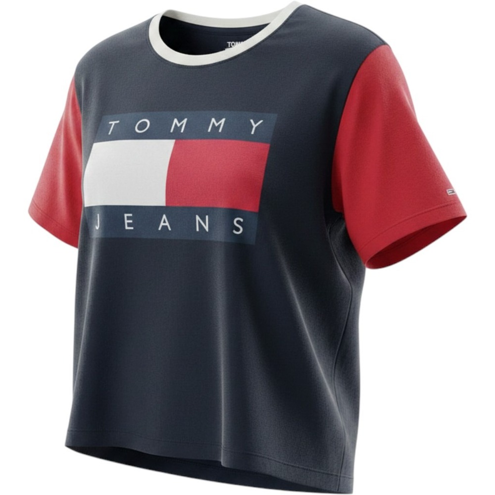 Tommy Jeans Retro Womens Colorblock Logo Graphic 90s Crop Top Navy‎ Red White L